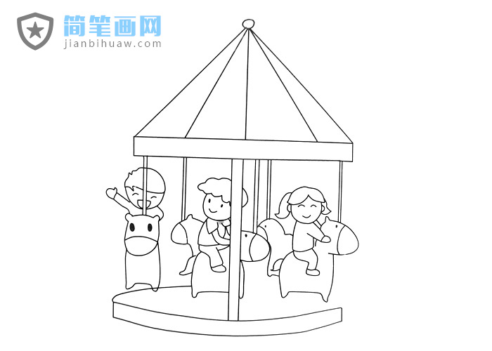 小朋友們在游樂場玩旋轉木馬的簡筆畫圖片